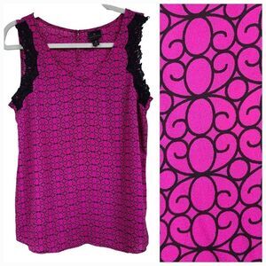 Worthington Hot Pink + Black Lace Dressy Tank Sleeveless Blouse Shell Top Career